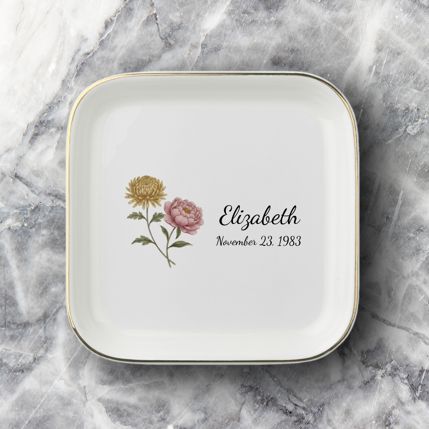 Personalized Birth Month Flower Jewelry Dish | Custom Name Ceramic Trinket Tray