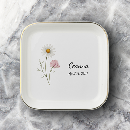 Personalized Birth Month Flower Jewelry Dish | Custom Name Ceramic Trinket Tray