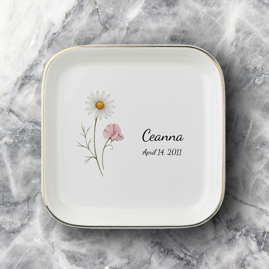 Personalized Birth Month Flower Jewelry Dish | Custom Name Ceramic Trinket Tray