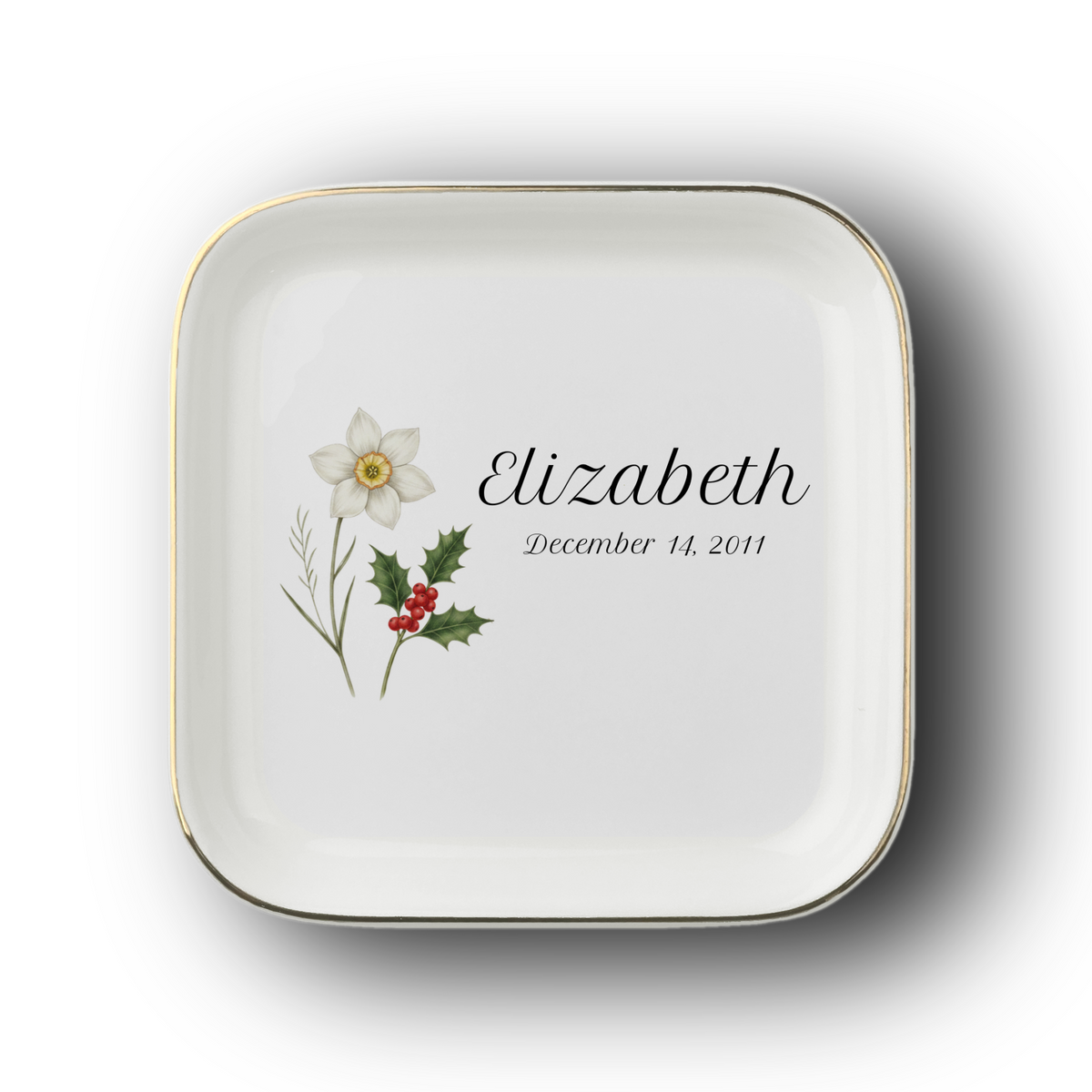 Personalized Birth Flower Jewelry Dish | Custom Ceramic Ring Tray