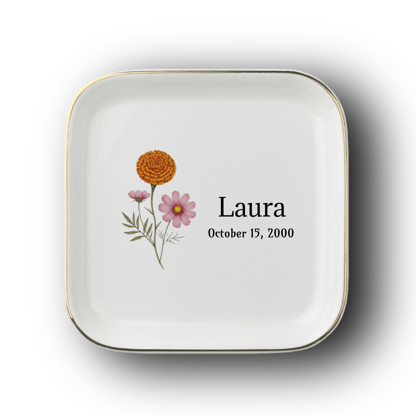 Personalized Birth Month Flower Jewelry Dish | Custom Name Ceramic Trinket Tray