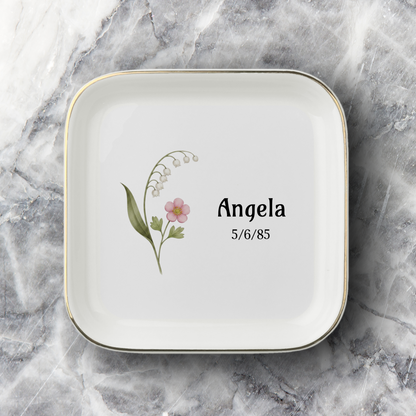 Personalized Birth Month Flower Jewelry Dish | Custom Name Ceramic Trinket Tray