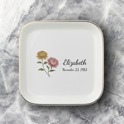 Personalized Birth Month Flower Jewelry Dish | Custom Name Ceramic Trinket Tray