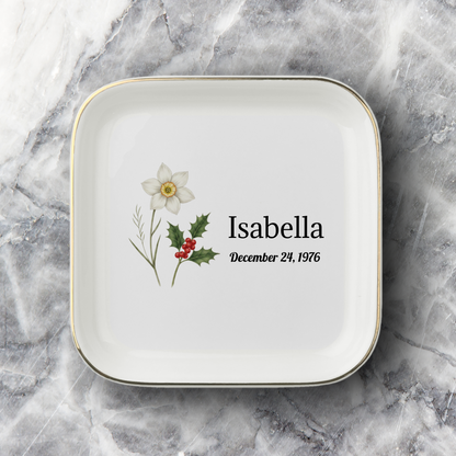 Personalized Birth Month Flower Jewelry Dish | Custom Name Ceramic Trinket Tray