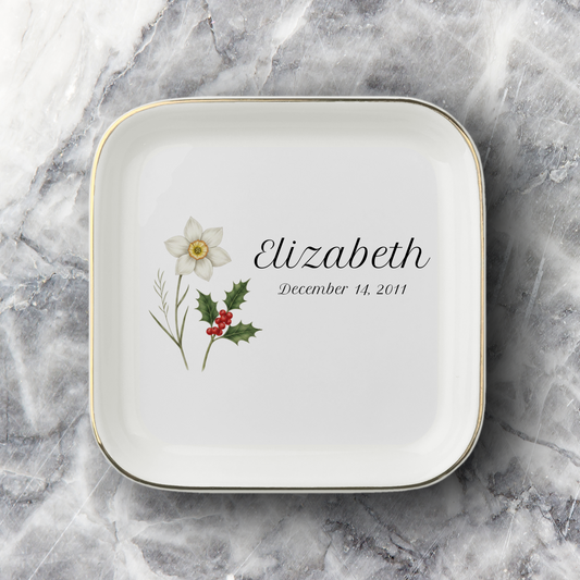Personalized Birth Flower Jewelry Dish | Custom Ceramic Ring Tray