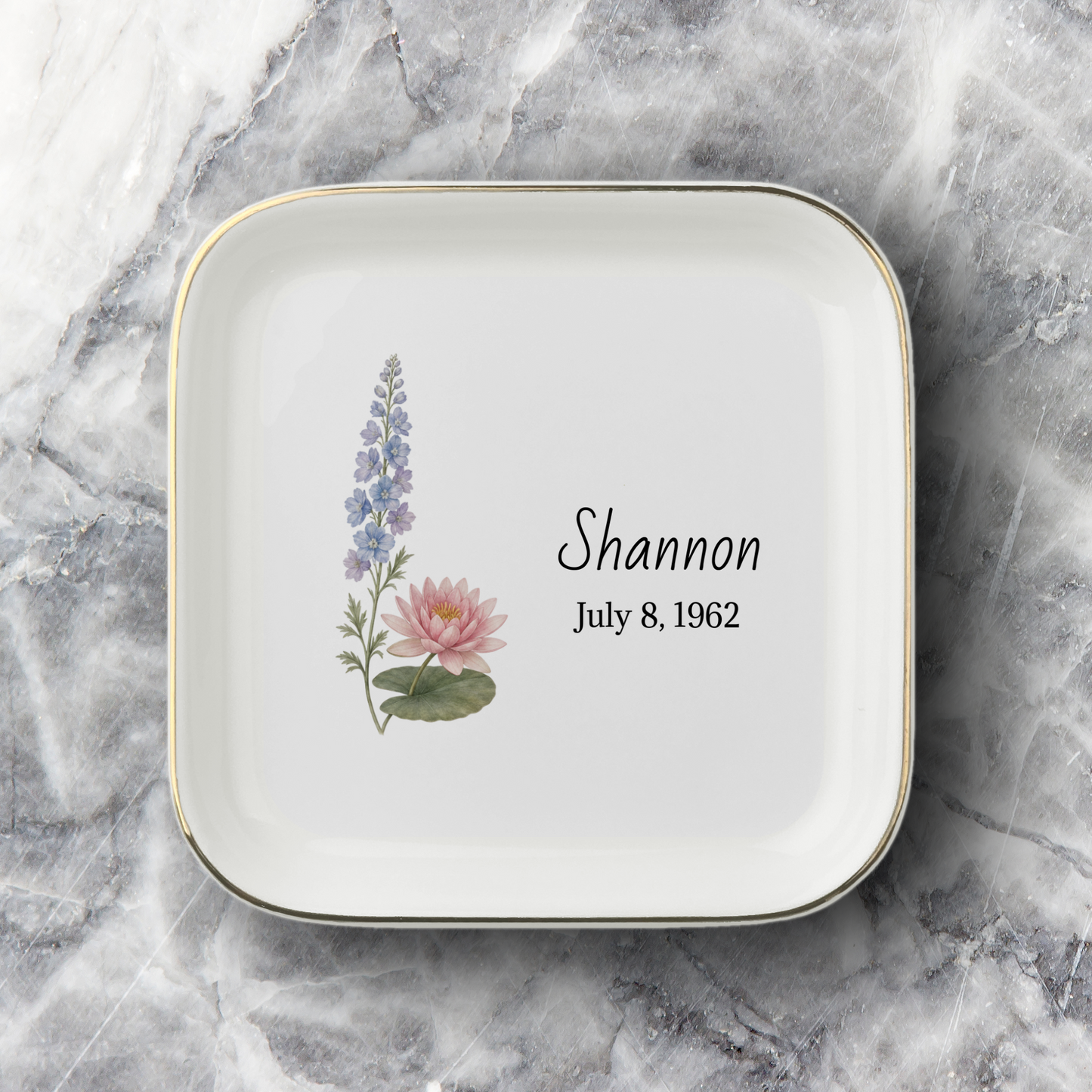 Personalized Birth Month Flower Jewelry Dish | Custom Name Ceramic Trinket Tray