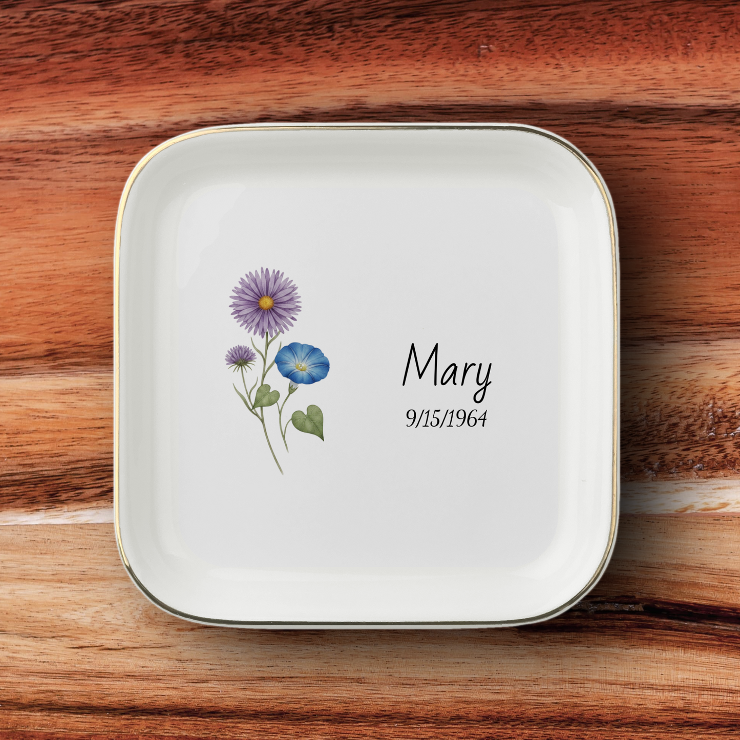 Personalized Birth Month Flower Jewelry Dish | Custom Name Ceramic Trinket Tray